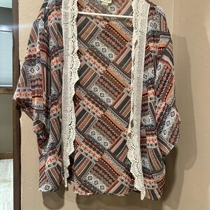 Bohemian Patterned Kimono with Lace Trim